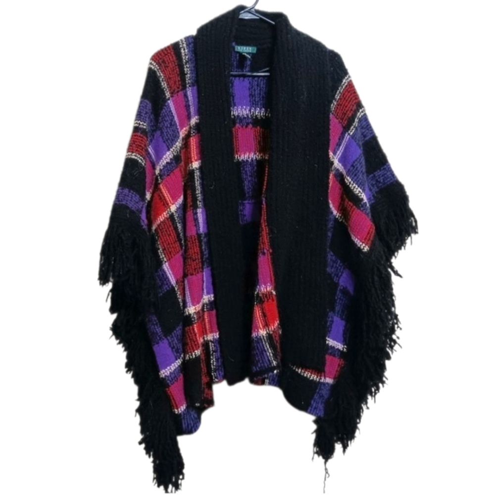 Lauren Ralph Lauren Purple Red Black Plaid Wool Blend Blanket Sweater Fringe